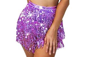 Flovel Women’s Belly Dance Skirt Sparkly Sequin Skirts Fringe Hip Scarf Skirt Party Hip Wrap Skirts Rave Costume