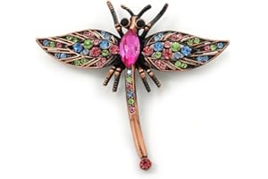 Avalaya Vintage Inspired Multicoloured Austrian Crystal Dragonfly Brooch in Bronze Tone - 60mm Across