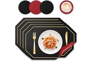 BOCHION Placemats and Coaster Sets 4, Dual Sided Two-Color Place Mats 30x43 cm, Leather Heat Resistant Non-Slip Washable, Wipeable Kitchen Coffee Table Mats for Home Dining Table Restaurant Hotel (Black &Red)
