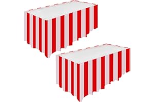Gukasxi 4 Stück Karneval Tischdecke und Tischrock Set, PEVC weiß Tischdecke mit rot und weiß gestreiften Tischrock, Karneval Party Deko Tischdecke Tischrock für Karneval Party Zirkus Dekorationen