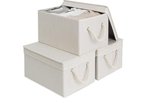 StorageWorks Fabric Storage Boxes with Lids, Foldable Storage Basket for Wardrobe Organising Clothes, Large Storage Bins with Lids and Soft Rope Handles, Mixing of Beige, White & Lvory, 3-Pack