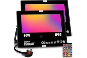 Bhochy LED Floodlight Outdoor 50W, Colour Changing Flood Lights with Remote Control, Timing, 4 Modes, IP66 Waterproof, UK 3-Plug，2 Pack