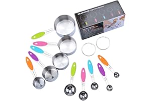 Fohil Lot de 10 Tasses Mesurer Cuillères Mesurer, 5 Cuillères Doseuses en Acier Inoxydable, 5 Tasse à Mesurer avec Poignée en Silicone, Ustensiles de Cuisine Parfaits avec 2 Anneaux de Type O