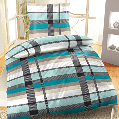 Baumwoll Bettwäsche Seersucker 135x200 4-teiliges Set Türkis Streifen