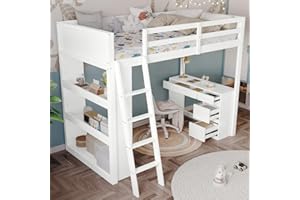 Jtyca Bunk Bed for Kids, Wooden Bunk Bed with Desk, Single Cabin Bed Frame with Shelves, Kids Bed Frame with Multi-Drawer Design, 3FT-90 x 190cm, White, (Without Mattress)