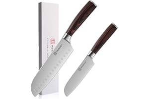 KEEMAKE Couteaux de Cuisine 2pcs, Couteau Japonais en Acier Inoxydable 1,4116, Set Couteau Cuisine avec Poignée en Bois, Couteau Santoku 18cm, Couteau Legume Professionnel 13cm