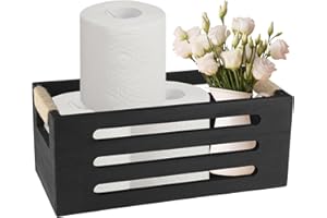 Gzsekken Toilet Roll Basket, Black Storage Basket for Bathroom Toilet Tank Roll Toiletries Organiser Wood Tray for Bath Accessories Organisation Décor