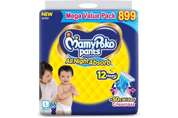 Mamypoko pants All night absorb Pant Style Baby Diapers Large Size(L), 62 Count, Ideal for 9-14Kgs 1 Diaper Upto All night Absorption Wider Crisscross Sheet Gentle Coco Care 12hr Leakage Protection Prevents Heaviness.