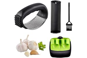 GRANTOP Spremiaglio a bilanciere in acciaio inox, frantoio per aglio da cucina e zenzero, tritacarne con pelapatate in silicone e spazzola per la pulizia