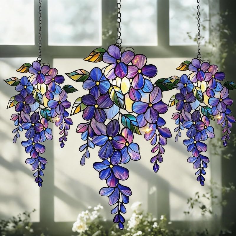 [2 Pack] Holographic Wisteria Acrylic Suncatcher, 5.91" x 5.91" Floral Window Decor with Rainbow Effect, Spring Garden Hanging Ornament for Mom & Home Decoration