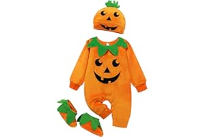 XIXIMAON 3Pcs Halloween Outfits For Infant Baby Girl Boys Orange Pumpkin Face Romper Bodysuit Cute Hats Slipper Socks