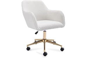 DEKKETO White Teddy Swivel Desk Chair, Makeup Vanity Chair with Wheels, Height Adjustable Dressing Table Chairs with Gold Base for Bedroom, Vanity Room, Home Office