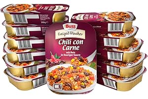 ‎BUSS Buss Freizeitmacher Pikantes Chili con Carne mit Hackfleisch, Reis, roten Bohnen, Mais, Tomaten, Paprika - Fertiggerichte zum Aufwärmen in Mikrowelle & Topf - Schnell & Einfach Zubereitet - 12 x 300g
