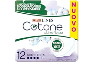Lines Cotone by Lines Natura con Ali, 12 assorbenti in cotone per il giorno, Biodegradabile e Compostabile. Filtrante 100% cotone Bio delicato sulla pelle.