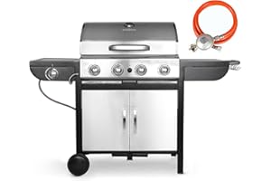 TLSUNNY 4+1 Brûleurs Barbecue Gaz Acier Inoxydable sur Chariot, 14.05KW Brûleur Haute Performance Barbecue à Gaz BBQ Gaz avec Plaque de Cuisson Latérale, Thermomètre, Adapté pour Jardin et Camping