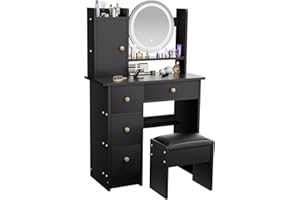 ZenkiHome Dressing Table, Vanity Desk with Mirror and Lights, 80cm Vanity Table with Stool