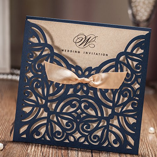 Wishmade Einladungskarten Für Hochzeit Geburtstag Taufe Party Satinband Bowknot Kraftpapier Blanko Set 50 Stücke inkl Umschläge und Aufkleber - 3