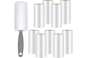 Omtofo Spazzola Levapelucchi 9 Rotoli + 1 Manico + 1 Parapolvere, 540 Fogli Rullo Adesivo Togli Peli Animali, Rullo Levapelucchi per Vestiti, Capelli, Pelo di Cane, Pelo di Gatto, 60 Fogli/Rotoli