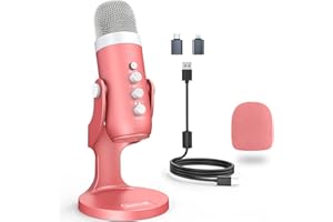 zealsound Micrófono USB gaming, micrófono PC, Silencio para teléfono computadora PC, Mic con Control de Ganancia, Ajuste Volumen, Eco & Monitor para transmisión grabación Vocal ASMR Podcast Video Rosa