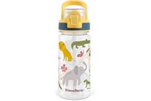 wooshwa Gourde avec Paille 480ml Anti Fuite sans BPA, Verrouillage Sécurisé, Bouteille d'eau Adulte, pour Sport Voyage - Animaux de la Jungle Jaune