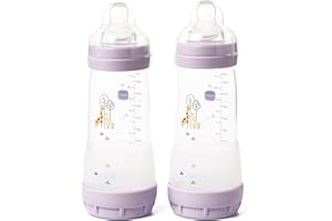 MAM Easy Start Anti-Colic Baby Bottles | 2 Pack (2 x 320ml) | Self-Sterlising | Fast Flow MAM Teats Size 3 | Baby Accessories | Pink (Various Designs)