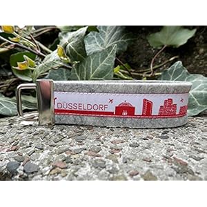 Schlüsselanhänger Schlüsselband Wollfilz hellgrau Düsseldorf Skyline rot weiß!