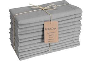 CottonCove Hemstitch Cloth Dinner Napkins Cotton 12 Pack - Soft Durable Washable - Ideal for Farmhouse Parties Wedding Christmas Easter - Perfect Everyday Use Table Cloth Napkins 46x46 cm Silver Grey