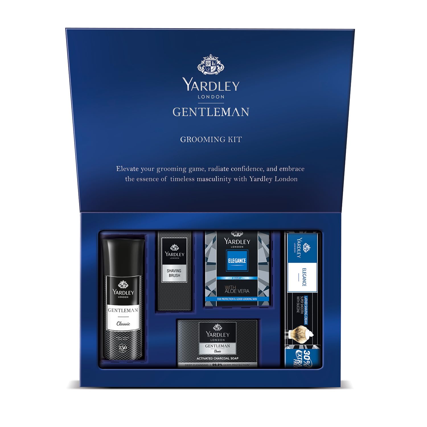 Yardley London Gentleman Luxury Grooming Kit For Men With Classic Activated Charcoal Soap, Elegance Lather Shaving Cream, Aft