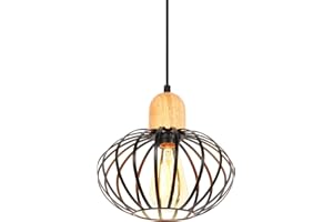 PETITES ECREVISSES Suspension Luminaire Industrielle Lustre Vintage Industrielle Design Plafonnier Abat-jour E27 Lampe de Plafond Forme pastèque en Fer et Bois Ø220mm pour Salon Chambre Cuisine