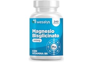 Magnesio Bisglicinato 240 Capsule (fino a 4 mesi), 300 mg di Magnesio glicinato. Con Vitamina B6, Organico, Magnesium glycinate, Integratore Muscoli, Sistema Nervoso, Stress, Ossa. Wesalys