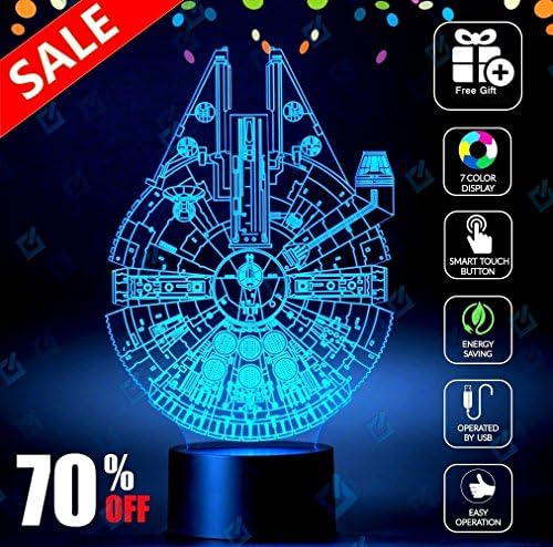 3D Night Light for Star Wars Millennium Falcon, Elsley 7 Color Touch Switch Table Desk Lamp with Acrylic Flat &amp; ABS Base &amp; USB Charger