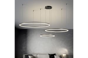 WAYLUOUNG Moderner LED Kronleuchter, 3 Ringe (60+80+100cm) 108W, Dimmbare Fernbedienung Metall Acryl LED Pendelleuchte, Gebürstete Ringe Decken Hängelampe, Wohnzimmer Schlafzimmer Foyer Esszimmer Küche(Schwarz)