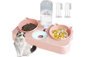 DOEPEBAE Comedero Gato 3 en 1, Comederos y Bebederos para Gatos, Separación Seca y Húmeda Cuenco Inclinado para Gatos Gatito y Perros Pequeños, con 2 Cepillos de Dientes para Gatos (Rosado)