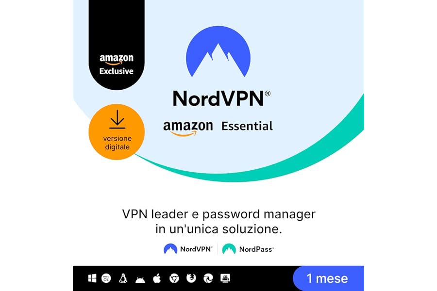NordVPN Amazon Essential, 10 Dispositivi, 1 Mese, VPN & Password Manager, Codice Digitale