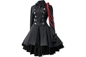 AnnSemo Womens Lolita Gothic Dress Vintage Bow Ruffle Steampunk Dress Long Sleeve Mini High Waist Short Renaissance Halloween Costumes Cosplay