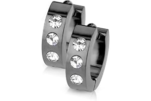 Bungsa CREOLEN mit KRISTALL-STEIN SET - Silber, Schwarz, Gold, Rosegold, Blau - EDELSTAHL Klappcreolen - Klapp-Ohrringe mit 3 gefassten klaren Steinen - für Damen & Herren - 1 Paar Kreolen Kristall