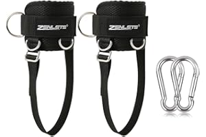zenlete Lot de 2 sangles de cheville avec câble - 5 anneaux en D et bande supplémentaire réglable - Pour homme et femme - Sangles de cheville pour fitness, entraînement, kickbacks (noir)