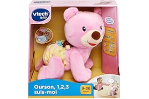 VTech - Ourson, 1,2,3 suis-Moi, Ours Rose en Peluche Qui Marche à 4 Pattes, Motricité Bébé, Jouet Interactif et Musical, Cadeau Bébé Dès 9 Mois - Contenu en Français