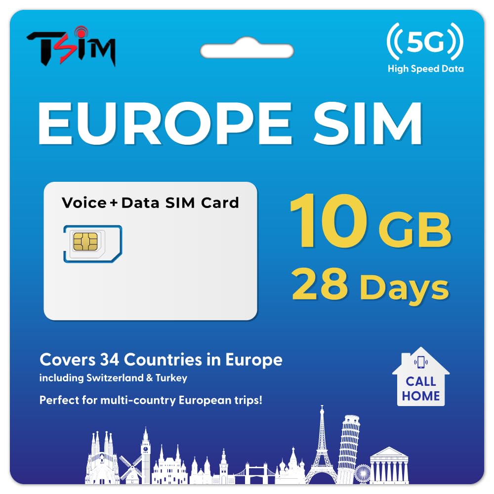 TSIM Europe Sim Card with 10GB Data 28 Days | Unlimited Local Calls | 50 Minutes Direct Dial to India | 5G Network