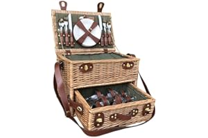 Red Hamper 4 Person Green Tweed Wicker Picnic Basket with Drawer