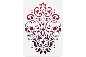 DOODLREAM Skulls Damask Stencil for Painting, 29.7×21cm Reusable Spliced Halloween Stencil Drawing Template, Baroque DIY Craft Paint Template for Wall Home Decor Wood Burning Card Journal Canvas