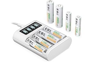 EBL 4 Ranuras Cargador Inteligente de Pilas AA AAA Recargables Ni-MH, 4 x 2800mAh Pilas AA, 4 x 1100mAh Pilas AAA, Puerto Mic