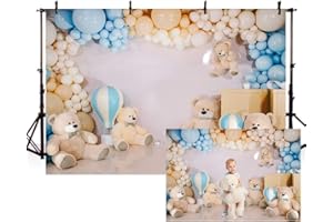 MEHOFOND 2,1 x 1,5 m Ours bébé photographie toile de fond garçon anniversaire bébé douche nouveau-né Portrait fond bannière ballons et ours gâteau Smash décoration Photo Studio accessoires fournitures