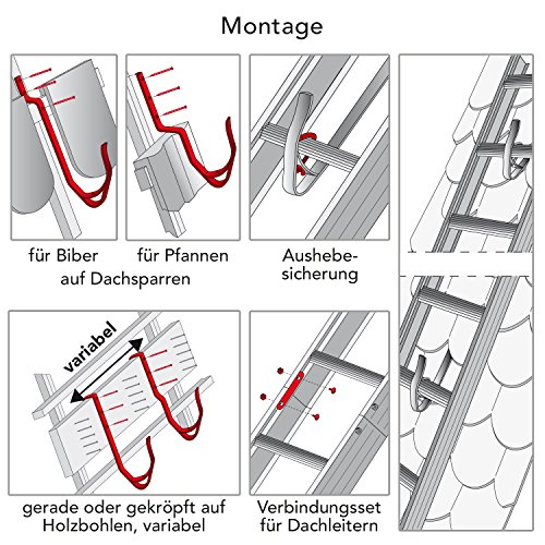 Alu Dachleiter Set 5,88 m ohne Farbe mit Dachhaken zur Montage gerade auf Holzbohlen inkl. Auflageschutz und Aushebesicherung, Made in Germany, DEKRA geprüft, Dachdeckerleiter, Dachauflegeleiter - 4