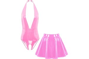 TiaoBug dam wetlook body ouvert stringbody nackhållare rygglös topp djup V-ringad topp och lack läder kjol mini veckad kjol gogo klubbkläder