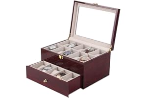 MAESTRORELOJERO MR Maestro Relojero - Vitrina de Lujo para 20 Relojes | Madera Lacada Cherry | Guarda y Protege Tus Relojes | Acabado Interior en Microfibra, Crema, Madera