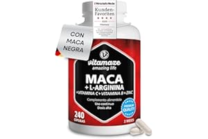 VITAMAZE - AMAZING LIFE Maca Negra Complex con L-Arginina, Tres tipos de Maca Andina (Negra, Amarilla y Roja) + Vitamina C, B6, B12 + Zinc, 240 Cápsulas, Raíz Peruana, Calidad Alemana, Sin Aditivos. Vitamaze