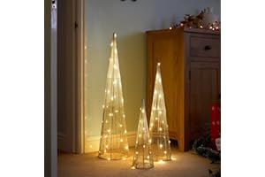 MARCO PAUL INTERIORS Marco Paul Set of 3 Pre Lit Cone Trees - Warm White LED Indoor Christmas Decorations Large Battery Operated Light Up Gold Glitter Artificial Trees Festive Xmas Home Décor & Seasonal Display