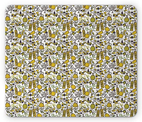 Preisvergleich Produktbild Weinlese-Mausunterlage, Olivenöl füllt biologisches Lebensmittel und Pflanzenzweige ab Hand gezeichnetes Gekritzel, rutschfestes Gummimousepad des Standardgrößen-Rechtecks, gelbes Marine-Blau-Grün