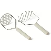 Amazon Basics Potato Mashers, 2-Piece Set, Soft Grip Handle, Dishwasher Safe, Linen Grey